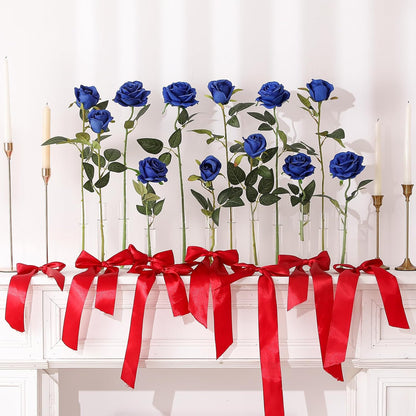 12PCS Artificial Silk Flowers Realistic Roses Bouquet Long Stem for Home Wedding Decoration Party (Red, 6 Flowers 6 Buds)