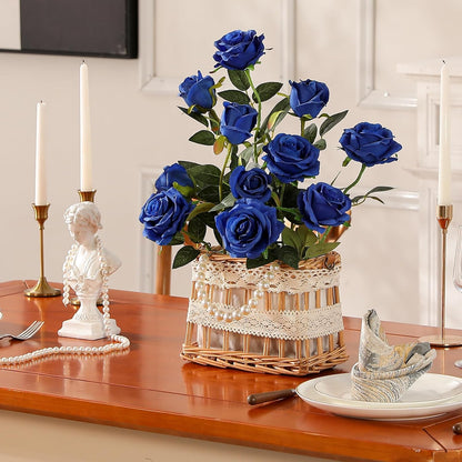 12PCS Artificial Silk Flowers Realistic Roses Bouquet Long Stem for Home Wedding Decoration Party (Red, 6 Flowers 6 Buds)