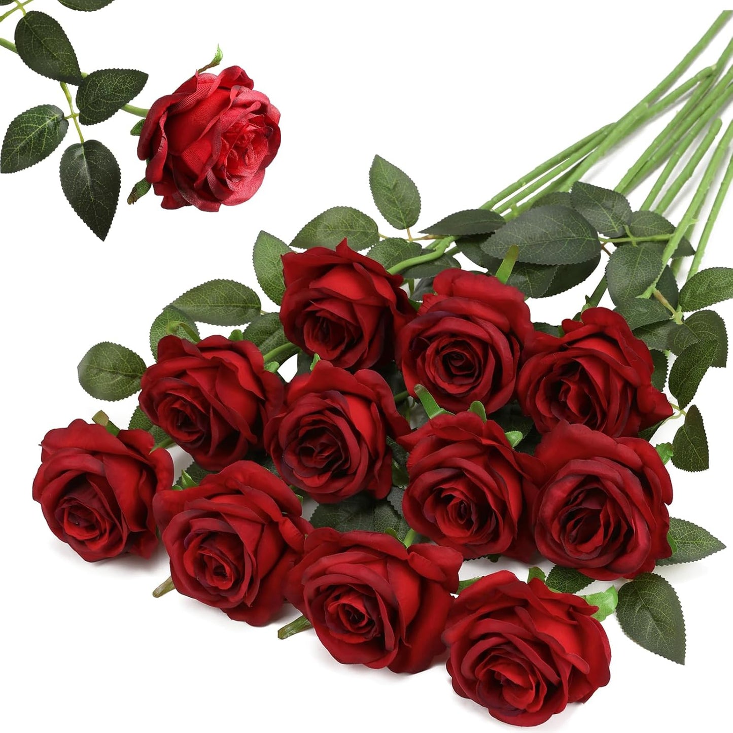 12PCS Artificial Silk Flowers Realistic Roses Bouquet Long Stem for Home Wedding Decoration Party (Red, 6 Flowers 6 Buds)