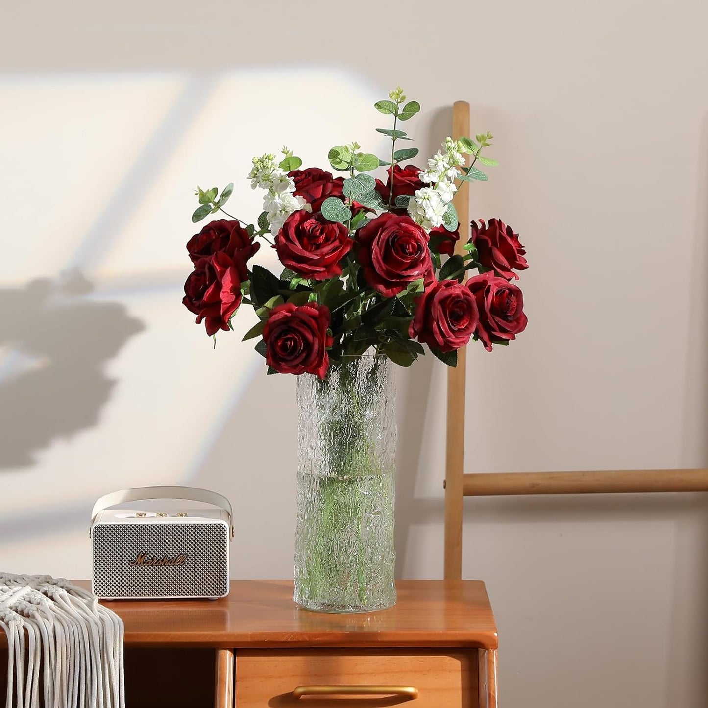 12PCS Artificial Silk Flowers Realistic Roses Bouquet Long Stem for Home Wedding Decoration Party (Red, 6 Flowers 6 Buds)