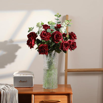 12PCS Artificial Silk Flowers Realistic Roses Bouquet Long Stem for Home Wedding Decoration Party (Red, 6 Flowers 6 Buds)