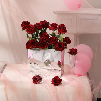 12PCS Artificial Silk Flowers Realistic Roses Bouquet Long Stem for Home Wedding Decoration Party (Red, 6 Flowers 6 Buds)