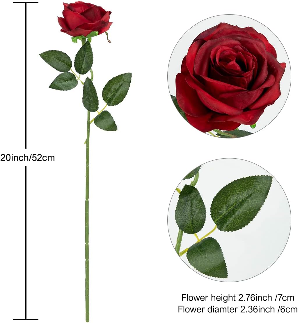 12PCS Artificial Silk Flowers Realistic Roses Bouquet Long Stem for Home Wedding Decoration Party (Red, 6 Flowers 6 Buds)