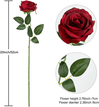 12PCS Artificial Silk Flowers Realistic Roses Bouquet Long Stem for Home Wedding Decoration Party (Red, 6 Flowers 6 Buds)