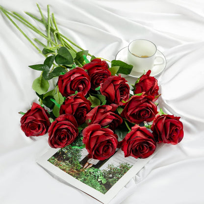 12PCS Artificial Silk Flowers Realistic Roses Bouquet Long Stem for Home Wedding Decoration Party (Red, 6 Flowers 6 Buds)
