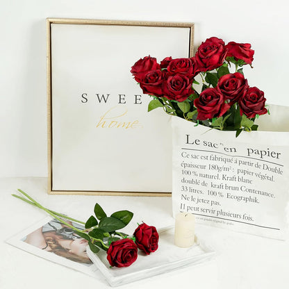 12PCS Artificial Silk Flowers Realistic Roses Bouquet Long Stem for Home Wedding Decoration Party (Red, 6 Flowers 6 Buds)
