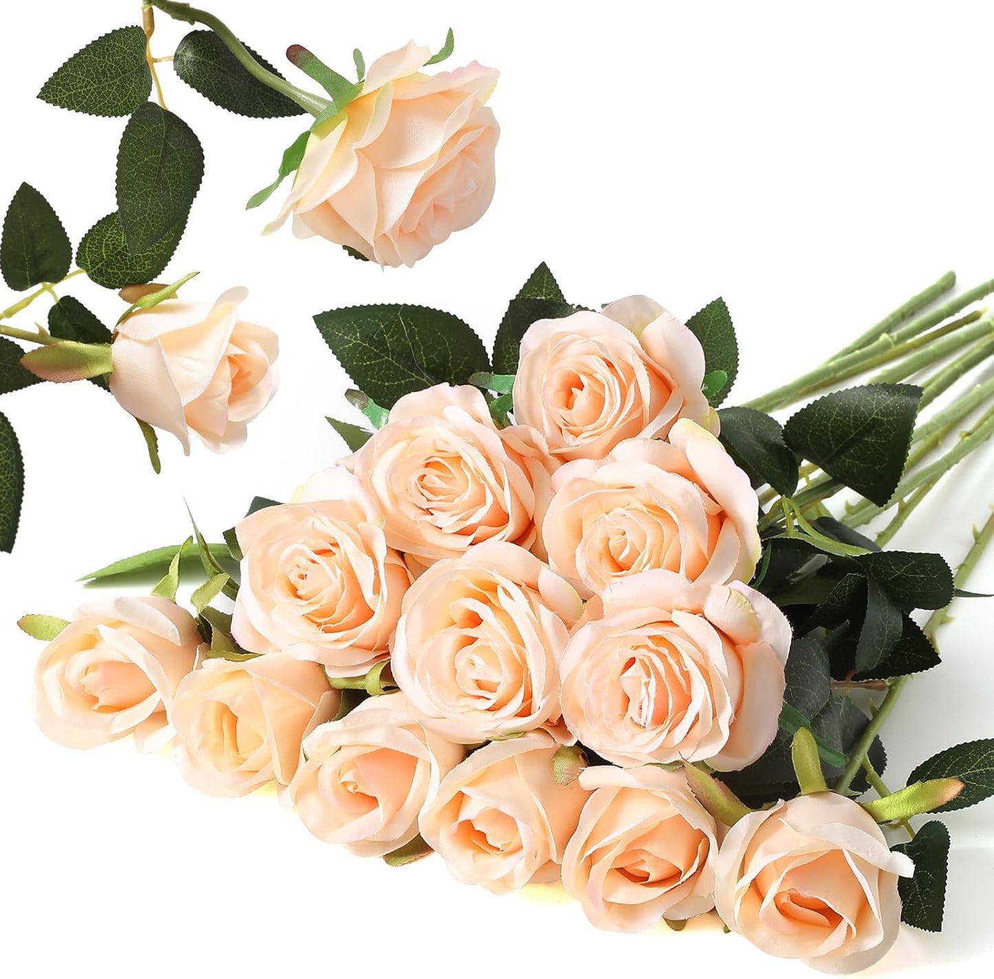 12PCS Artificial Silk Flowers Realistic Roses Bouquet Long Stem for Home Wedding Decoration Party (Red, 6 Flowers 6 Buds)