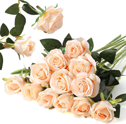 12PCS Artificial Silk Flowers Realistic Roses Bouquet Long Stem for Home Wedding Decoration Party (Red, 6 Flowers 6 Buds)