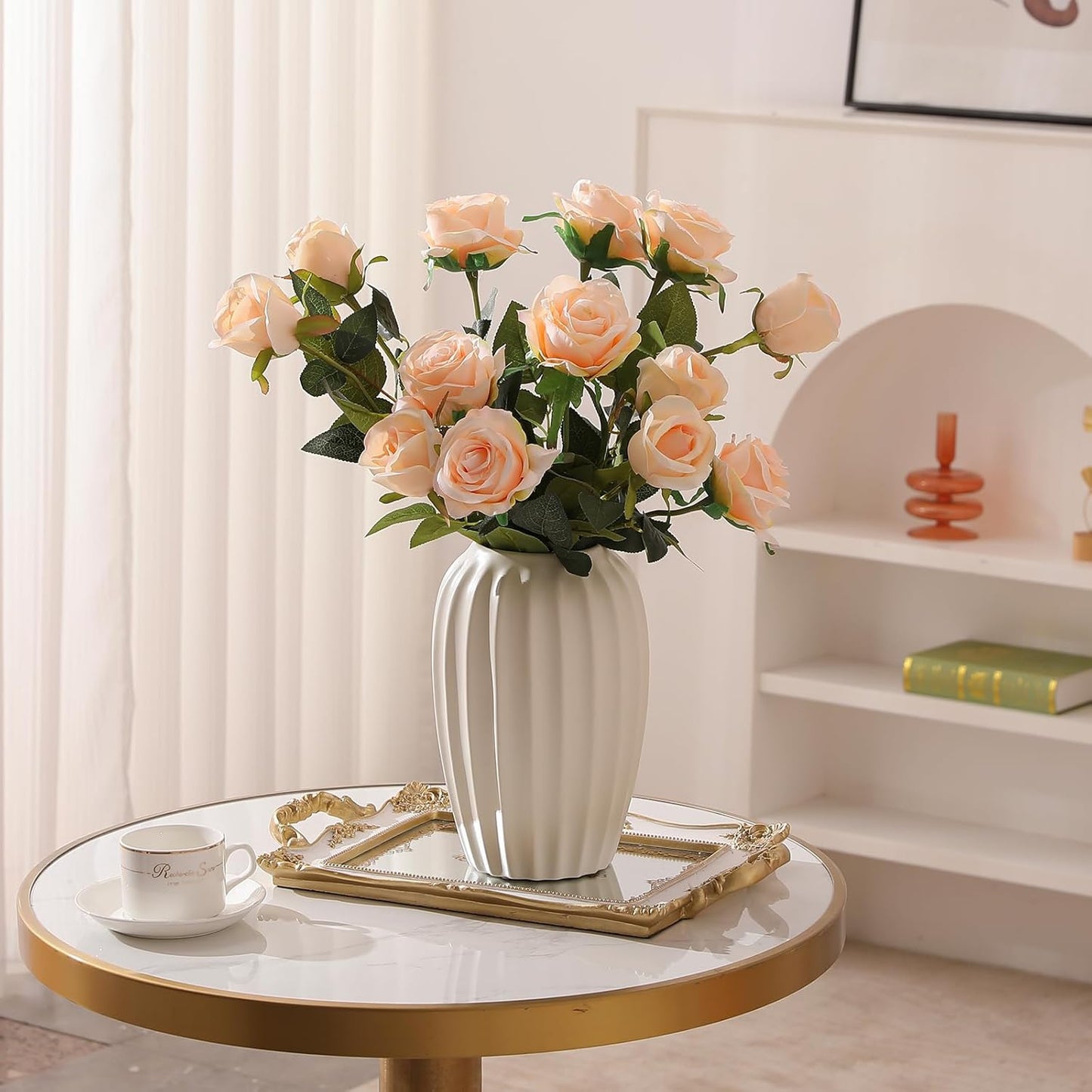 12PCS Artificial Silk Flowers Realistic Roses Bouquet Long Stem for Home Wedding Decoration Party (Red, 6 Flowers 6 Buds)