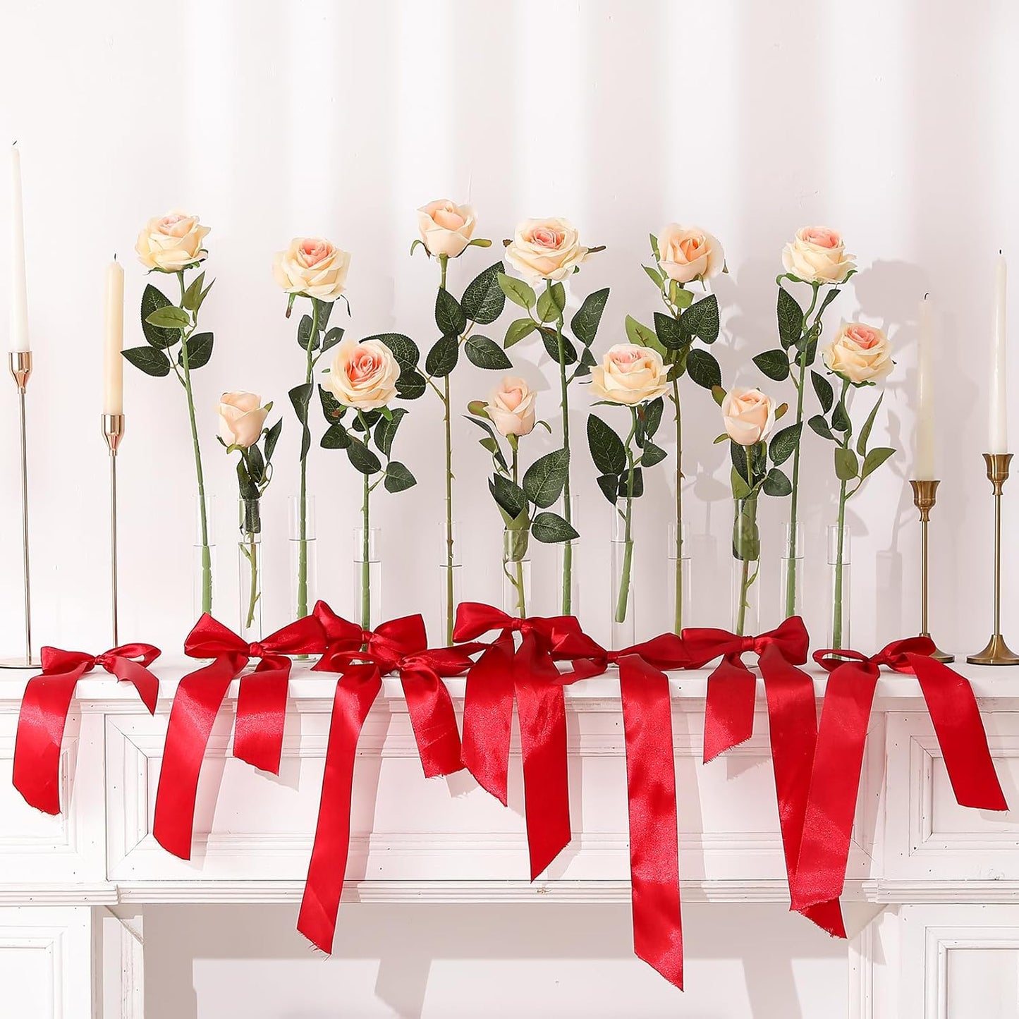 12PCS Artificial Silk Flowers Realistic Roses Bouquet Long Stem for Home Wedding Decoration Party (Red, 6 Flowers 6 Buds)