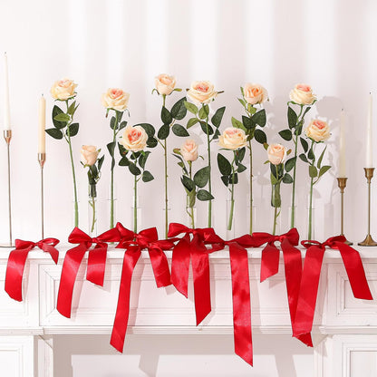 12PCS Artificial Silk Flowers Realistic Roses Bouquet Long Stem for Home Wedding Decoration Party (Red, 6 Flowers 6 Buds)
