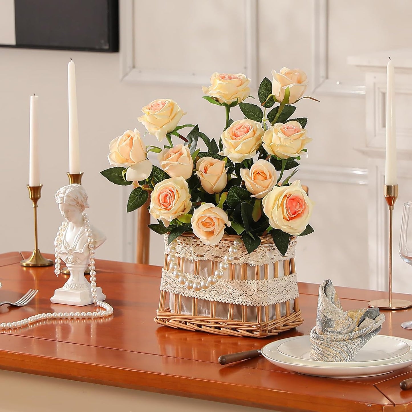 12PCS Artificial Silk Flowers Realistic Roses Bouquet Long Stem for Home Wedding Decoration Party (Red, 6 Flowers 6 Buds)