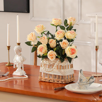 12PCS Artificial Silk Flowers Realistic Roses Bouquet Long Stem for Home Wedding Decoration Party (Red, 6 Flowers 6 Buds)