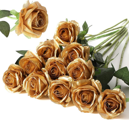 12PCS Artificial Silk Flowers Realistic Roses Bouquet Long Stem for Home Wedding Decoration Party (Red, 6 Flowers 6 Buds)