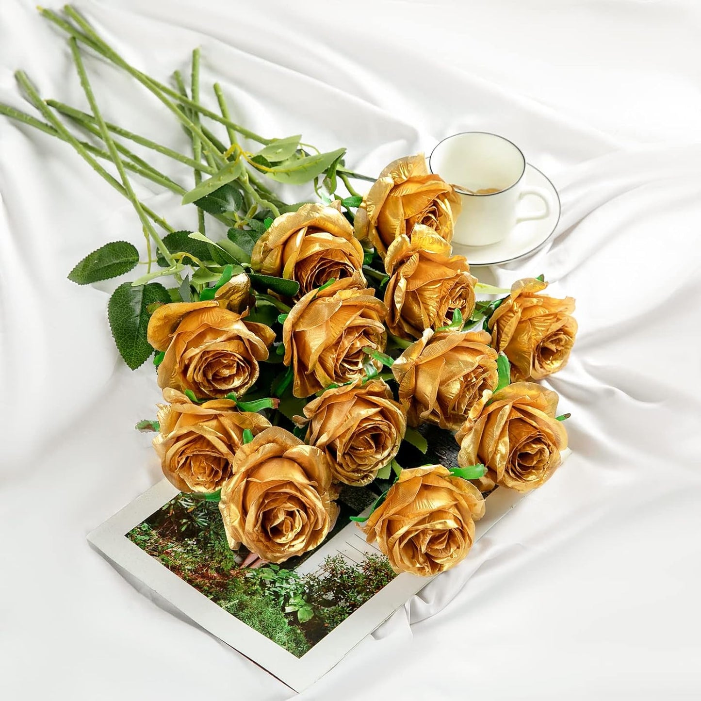 12PCS Artificial Silk Flowers Realistic Roses Bouquet Long Stem for Home Wedding Decoration Party (Red, 6 Flowers 6 Buds)