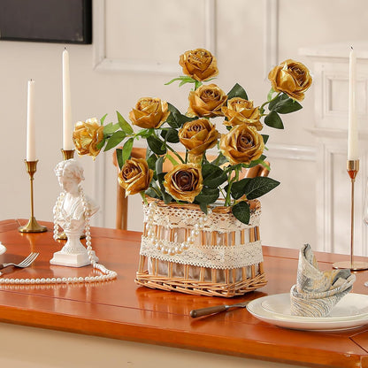 12PCS Artificial Silk Flowers Realistic Roses Bouquet Long Stem for Home Wedding Decoration Party (Red, 6 Flowers 6 Buds)