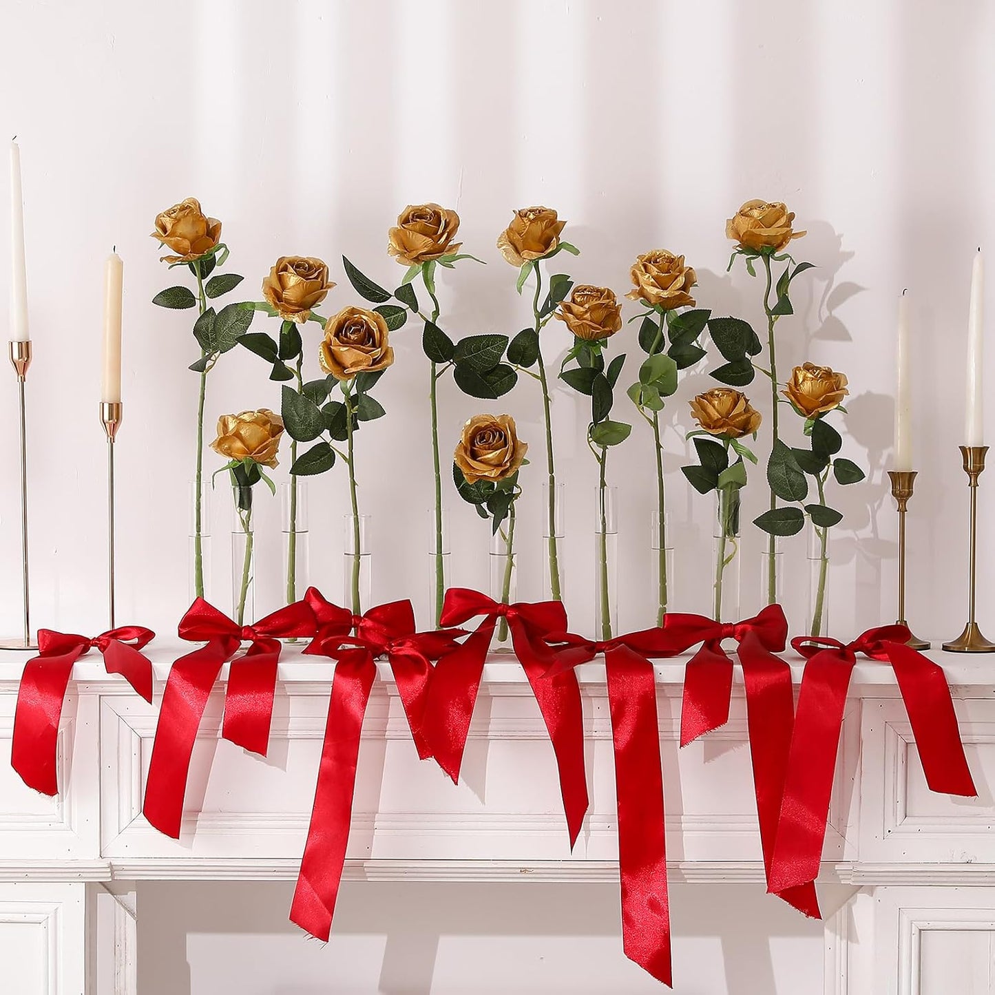 12PCS Artificial Silk Flowers Realistic Roses Bouquet Long Stem for Home Wedding Decoration Party (Red, 6 Flowers 6 Buds)