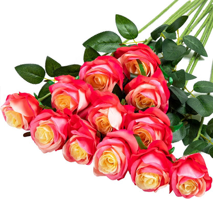 12PCS Artificial Silk Flowers Realistic Roses Bouquet Long Stem for Home Wedding Decoration Party (Red, 6 Flowers 6 Buds)