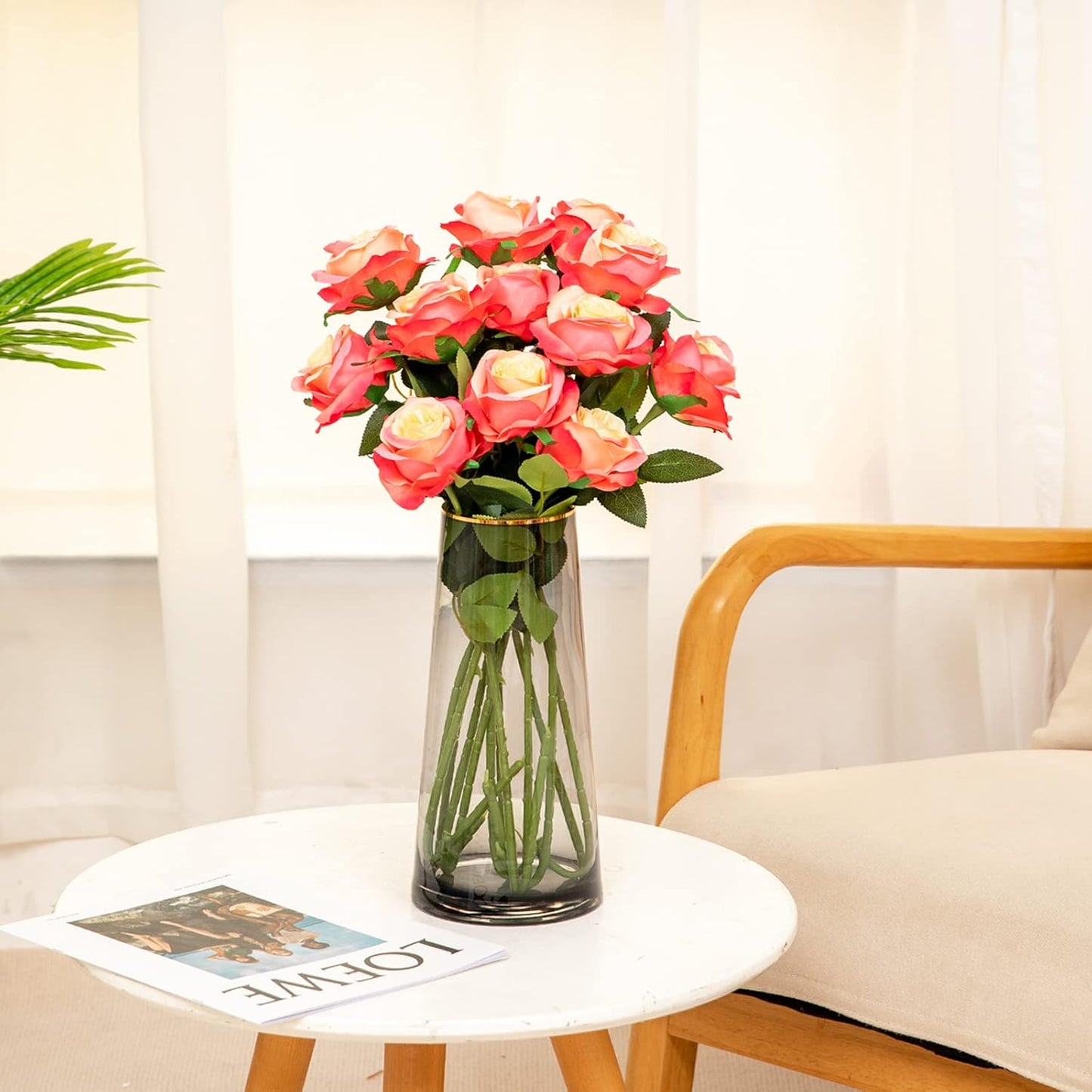 12PCS Artificial Silk Flowers Realistic Roses Bouquet Long Stem for Home Wedding Decoration Party (Red, 6 Flowers 6 Buds)