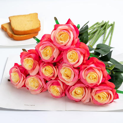 12PCS Artificial Silk Flowers Realistic Roses Bouquet Long Stem for Home Wedding Decoration Party (Red, 6 Flowers 6 Buds)