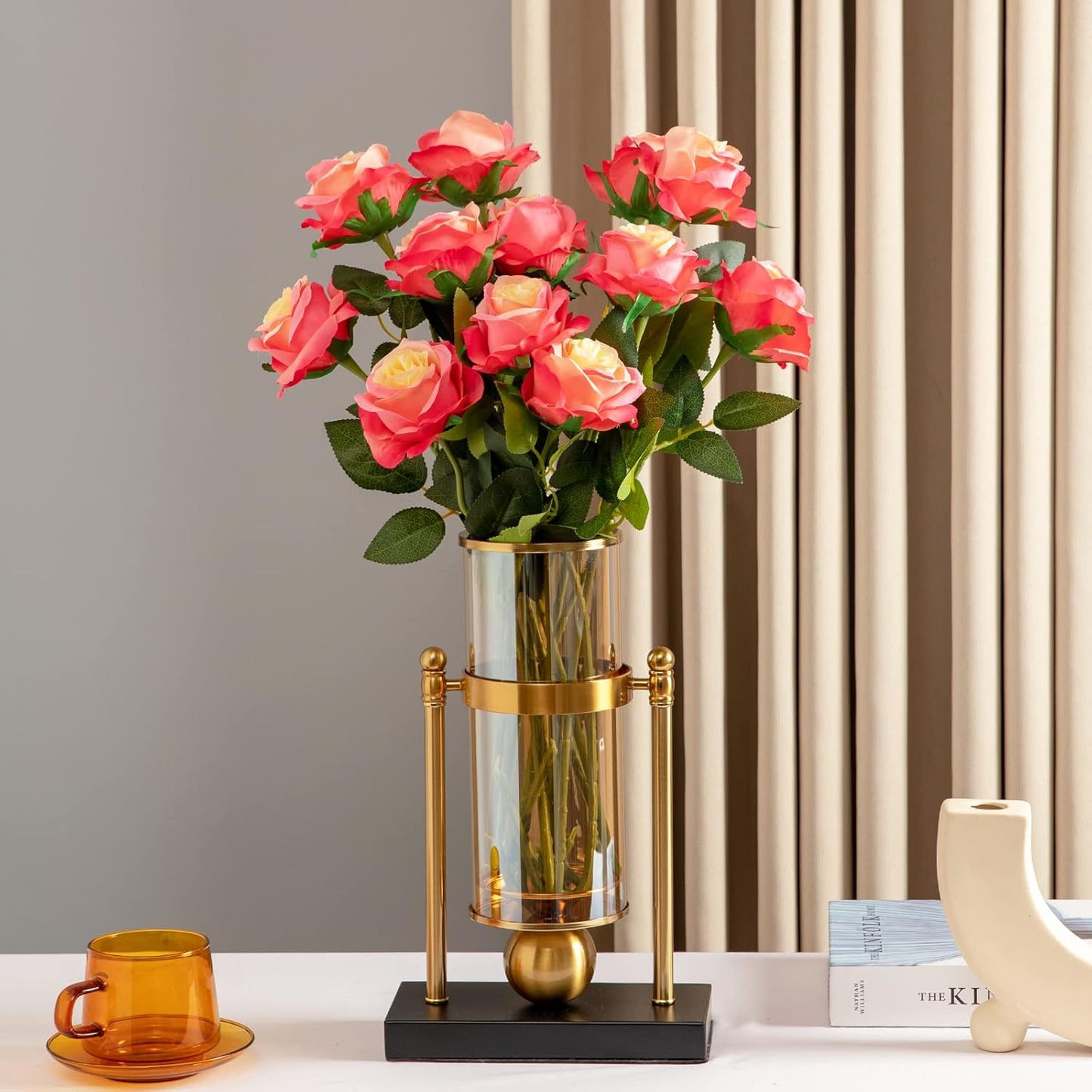 12PCS Artificial Silk Flowers Realistic Roses Bouquet Long Stem for Home Wedding Decoration Party (Red, 6 Flowers 6 Buds)