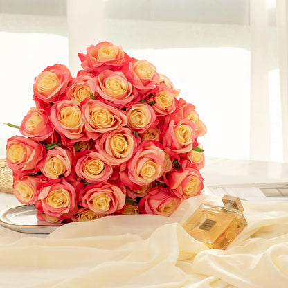 12PCS Artificial Silk Flowers Realistic Roses Bouquet Long Stem for Home Wedding Decoration Party (Red, 6 Flowers 6 Buds)
