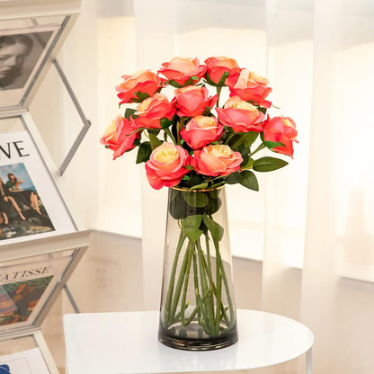 12PCS Artificial Silk Flowers Realistic Roses Bouquet Long Stem for Home Wedding Decoration Party (Red, 6 Flowers 6 Buds)