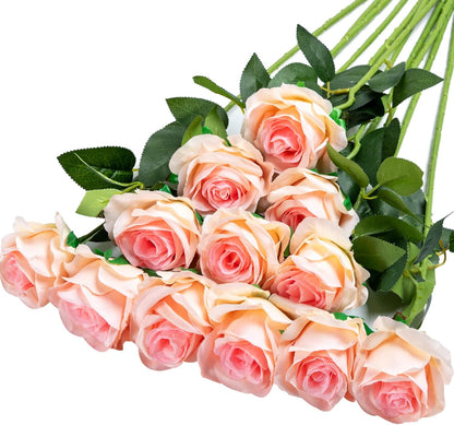 12PCS Artificial Silk Flowers Realistic Roses Bouquet Long Stem for Home Wedding Decoration Party (Red, 6 Flowers 6 Buds)