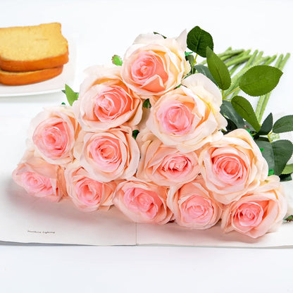 12PCS Artificial Silk Flowers Realistic Roses Bouquet Long Stem for Home Wedding Decoration Party (Red, 6 Flowers 6 Buds)