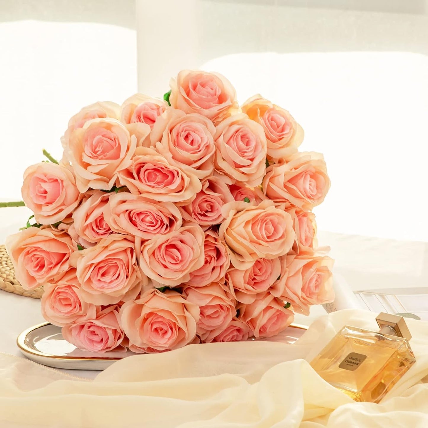 12PCS Artificial Silk Flowers Realistic Roses Bouquet Long Stem for Home Wedding Decoration Party (Red, 6 Flowers 6 Buds)