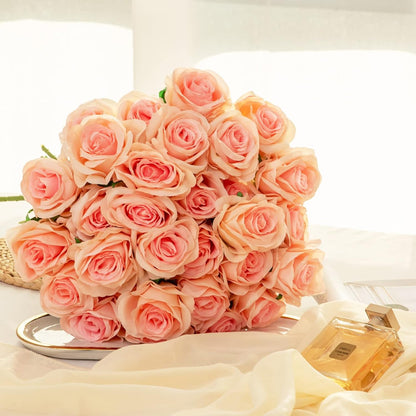 12PCS Artificial Silk Flowers Realistic Roses Bouquet Long Stem for Home Wedding Decoration Party (Red, 6 Flowers 6 Buds)