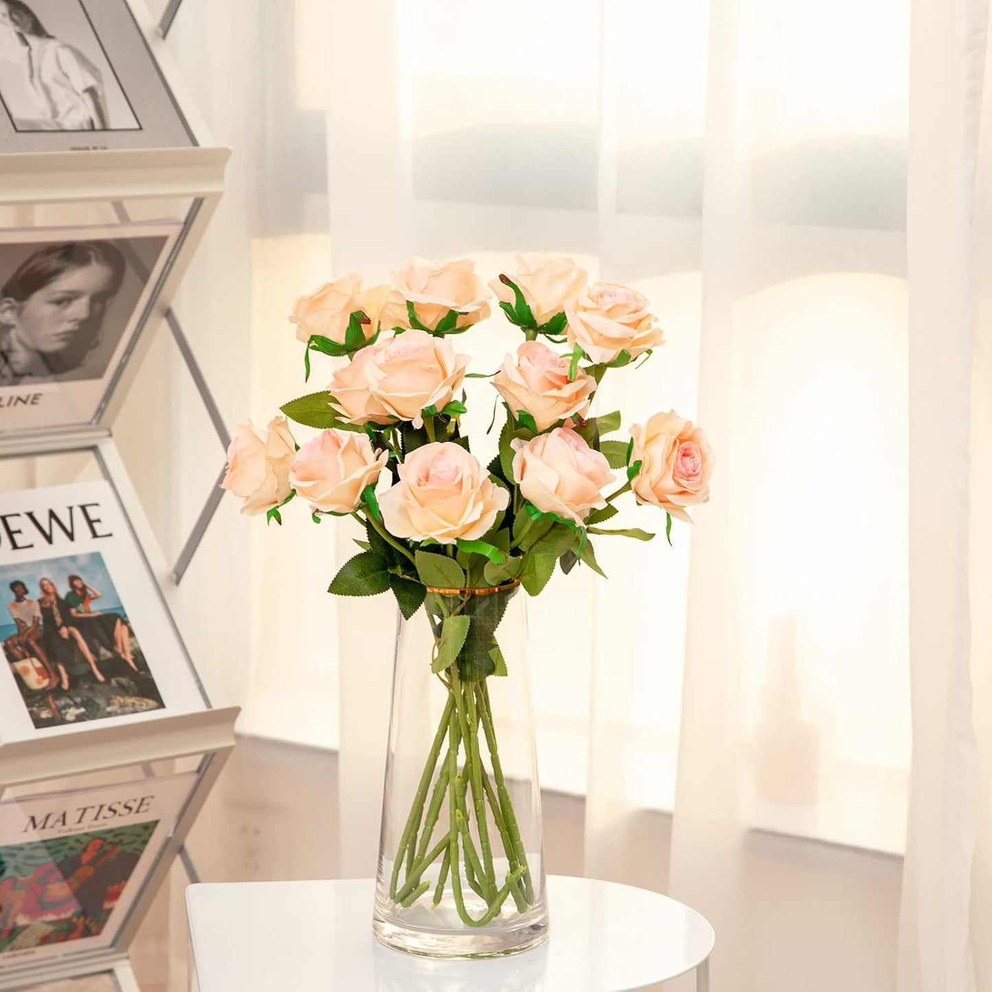 12PCS Artificial Silk Flowers Realistic Roses Bouquet Long Stem for Home Wedding Decoration Party (Red, 6 Flowers 6 Buds)