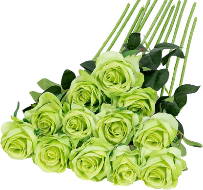 12PCS Artificial Silk Flowers Realistic Roses Bouquet Long Stem for Home Wedding Decoration Party (Red, 6 Flowers 6 Buds)