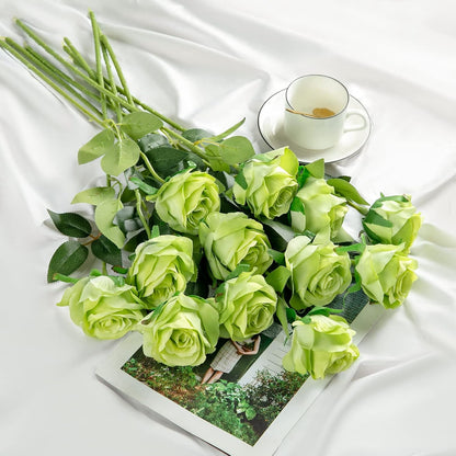 12PCS Artificial Silk Flowers Realistic Roses Bouquet Long Stem for Home Wedding Decoration Party (Red, 6 Flowers 6 Buds)