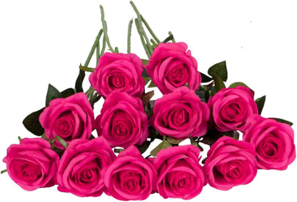 12PCS Artificial Silk Flowers Realistic Roses Bouquet Long Stem for Home Wedding Decoration Party (Red, 6 Flowers 6 Buds)