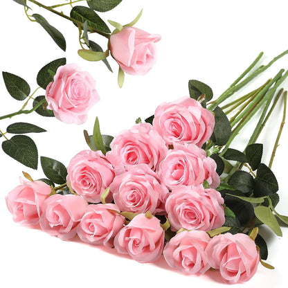 12PCS Artificial Silk Flowers Realistic Roses Bouquet Long Stem for Home Wedding Decoration Party (Red, 6 Flowers 6 Buds)