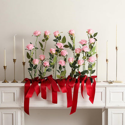 12PCS Artificial Silk Flowers Realistic Roses Bouquet Long Stem for Home Wedding Decoration Party (Red, 6 Flowers 6 Buds)