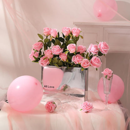 12PCS Artificial Silk Flowers Realistic Roses Bouquet Long Stem for Home Wedding Decoration Party (Red, 6 Flowers 6 Buds)