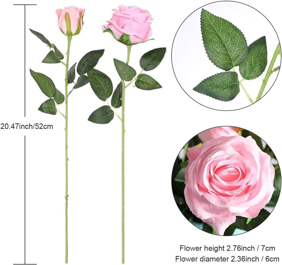 12PCS Artificial Silk Flowers Realistic Roses Bouquet Long Stem for Home Wedding Decoration Party (Red, 6 Flowers 6 Buds)