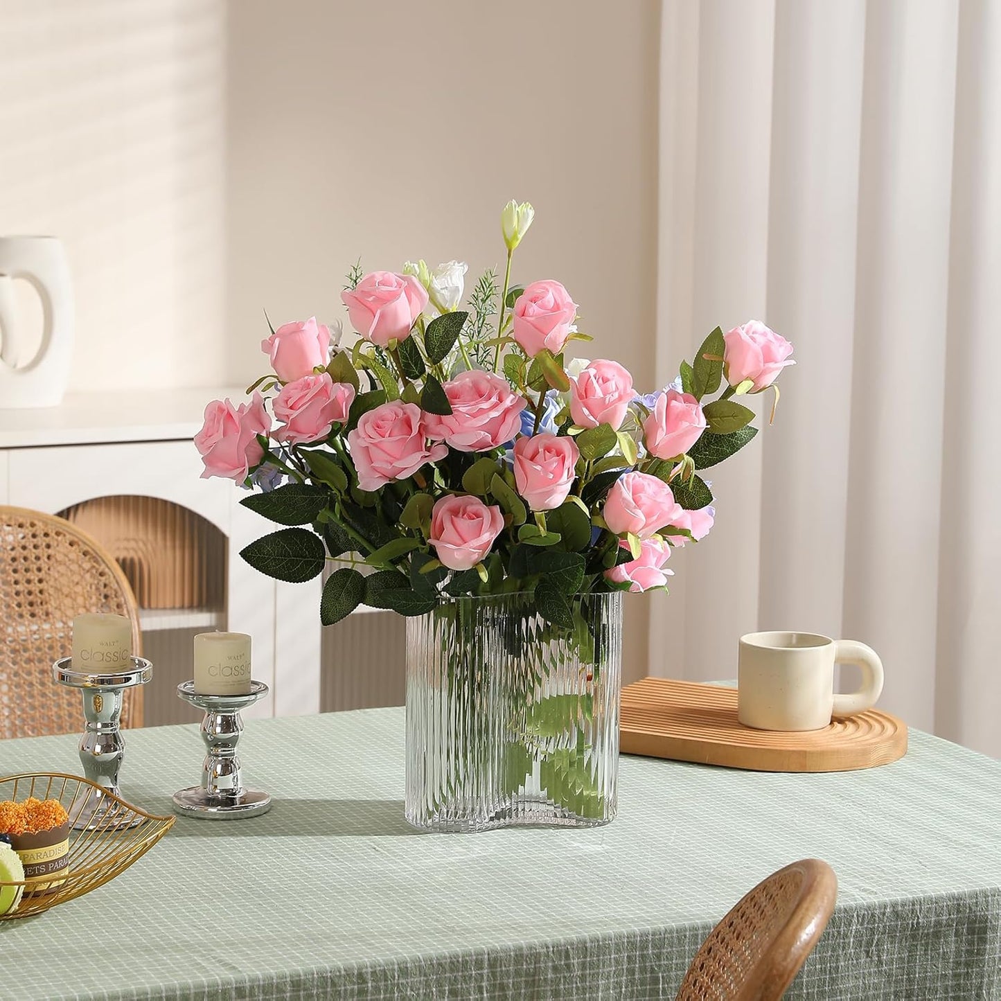 12PCS Artificial Silk Flowers Realistic Roses Bouquet Long Stem for Home Wedding Decoration Party (Red, 6 Flowers 6 Buds)