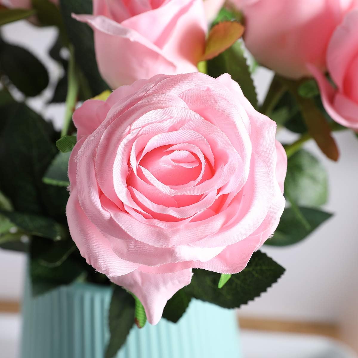 12PCS Artificial Silk Flowers Realistic Roses Bouquet Long Stem for Home Wedding Decoration Party (Red, 6 Flowers 6 Buds)