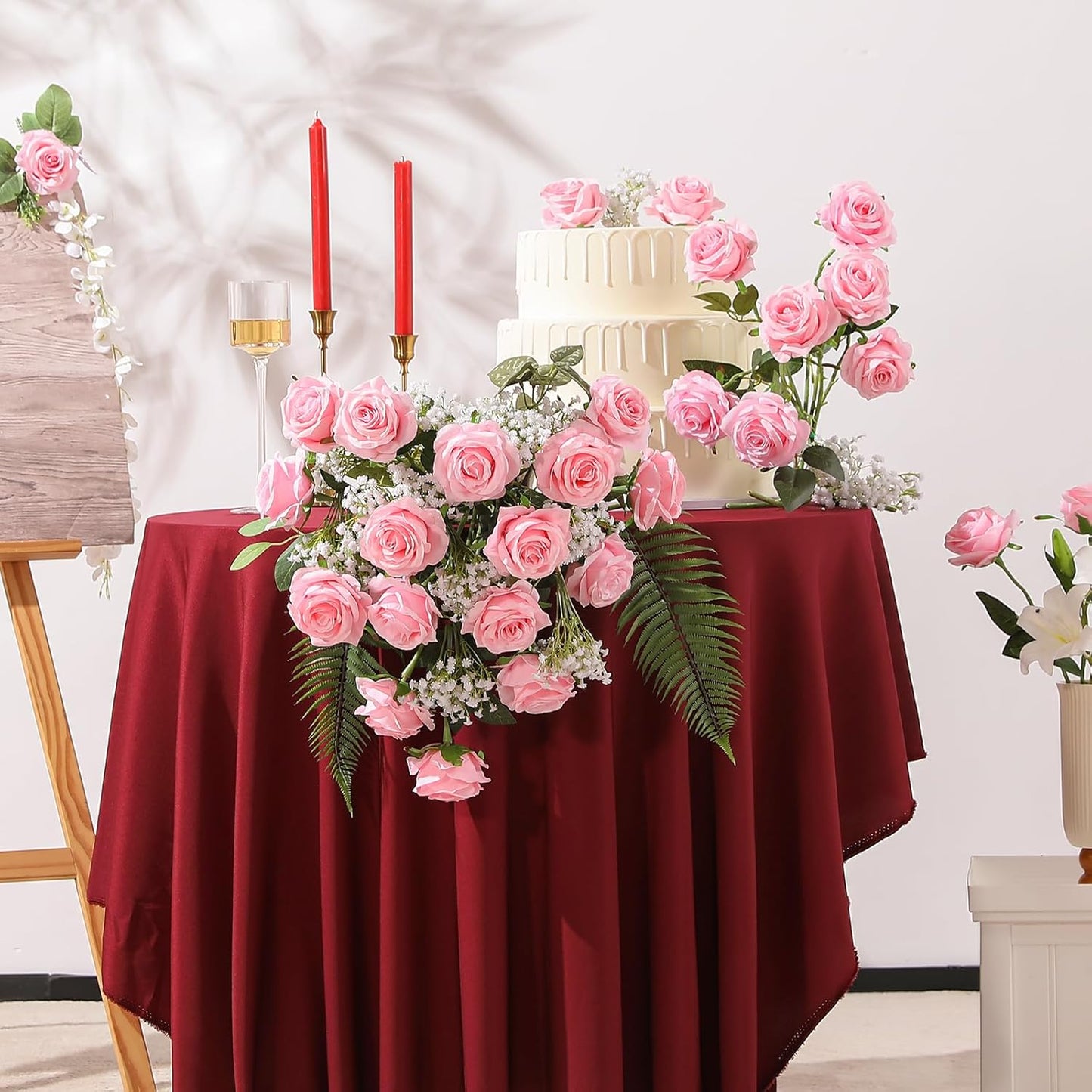 12PCS Artificial Silk Flowers Realistic Roses Bouquet Long Stem for Home Wedding Decoration Party (Red, 6 Flowers 6 Buds)