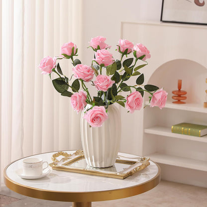 12PCS Artificial Silk Flowers Realistic Roses Bouquet Long Stem for Home Wedding Decoration Party (Red, 6 Flowers 6 Buds)