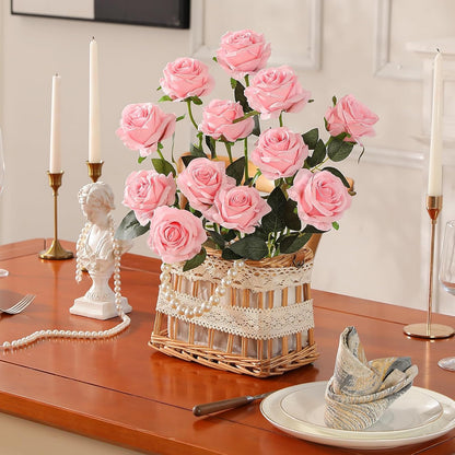 12PCS Artificial Silk Flowers Realistic Roses Bouquet Long Stem for Home Wedding Decoration Party (Red, 6 Flowers 6 Buds)