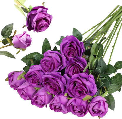 12PCS Artificial Silk Flowers Realistic Roses Bouquet Long Stem for Home Wedding Decoration Party (Red, 6 Flowers 6 Buds)