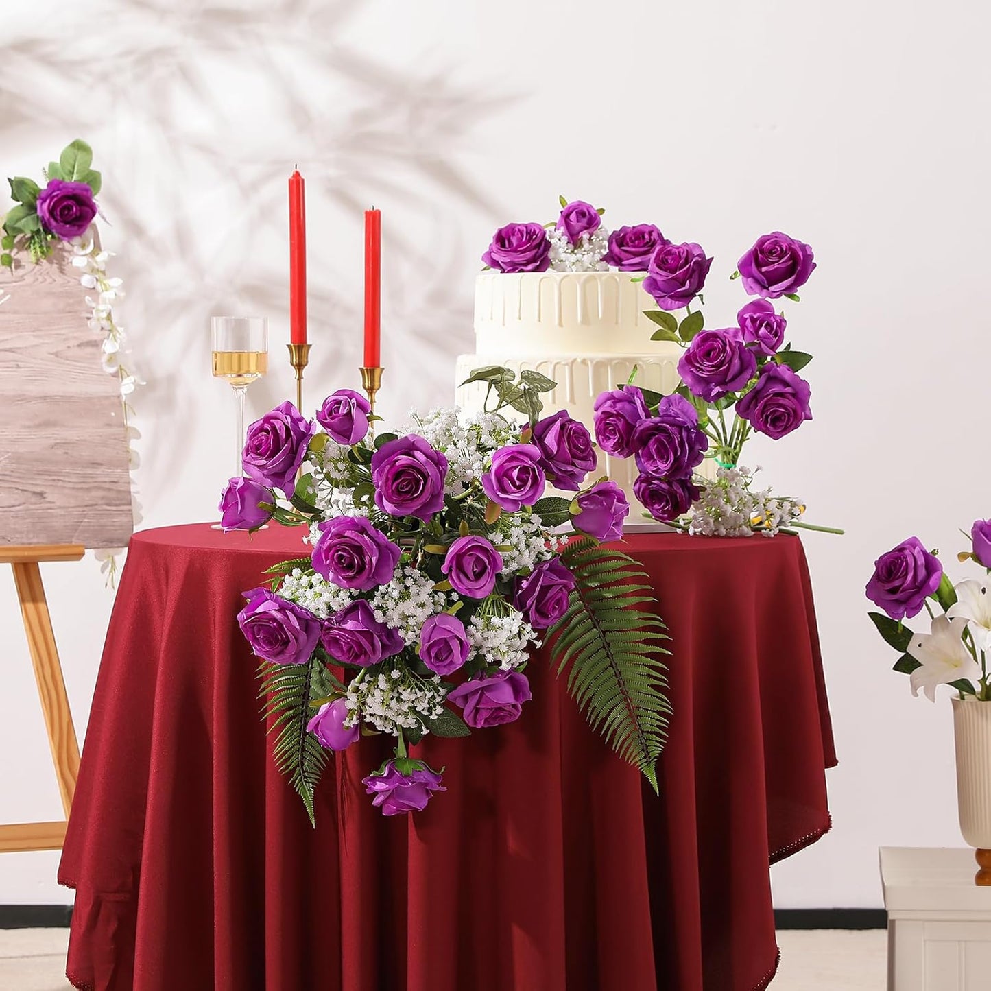 12PCS Artificial Silk Flowers Realistic Roses Bouquet Long Stem for Home Wedding Decoration Party (Red, 6 Flowers 6 Buds)