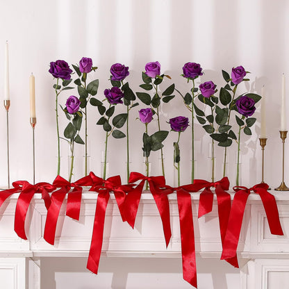 12PCS Artificial Silk Flowers Realistic Roses Bouquet Long Stem for Home Wedding Decoration Party (Red, 6 Flowers 6 Buds)