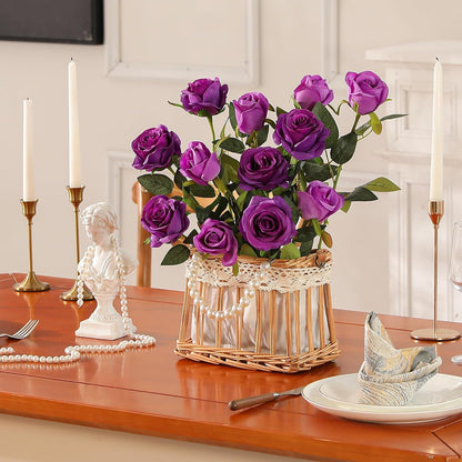 12PCS Artificial Silk Flowers Realistic Roses Bouquet Long Stem for Home Wedding Decoration Party (Red, 6 Flowers 6 Buds)