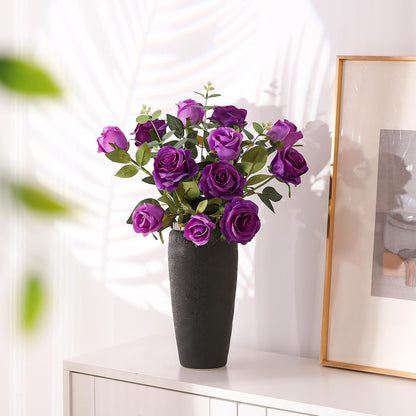 12PCS Artificial Silk Flowers Realistic Roses Bouquet Long Stem for Home Wedding Decoration Party (Red, 6 Flowers 6 Buds)