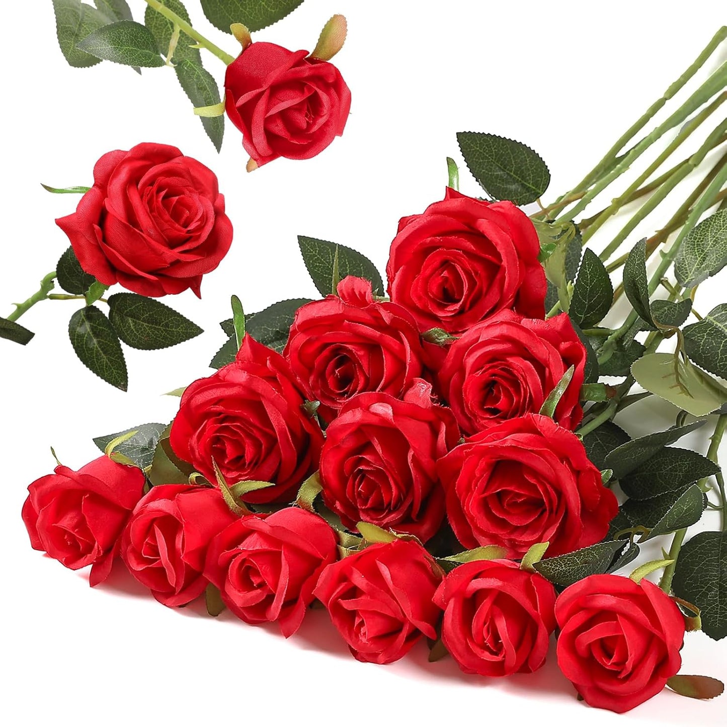 12PCS Artificial Silk Flowers Realistic Roses Bouquet Long Stem for Home Wedding Decoration Party (Red, 6 Flowers 6 Buds)